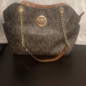 Michael Kors Brown MK Logo Tote with Gold Chain Straps